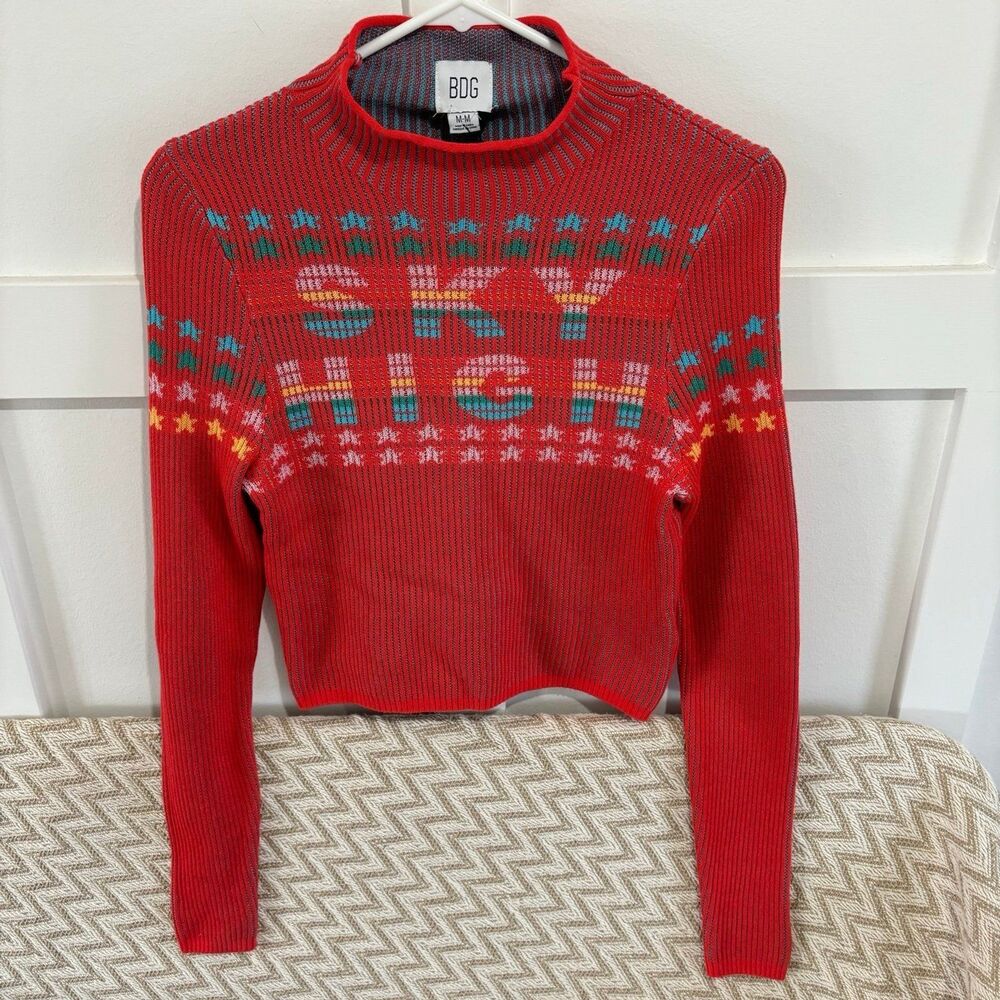 Urban Outfitters BDG Women's Shauna Sky High Jacquard Sweater Red Medium NWT - Picture 2 of 7